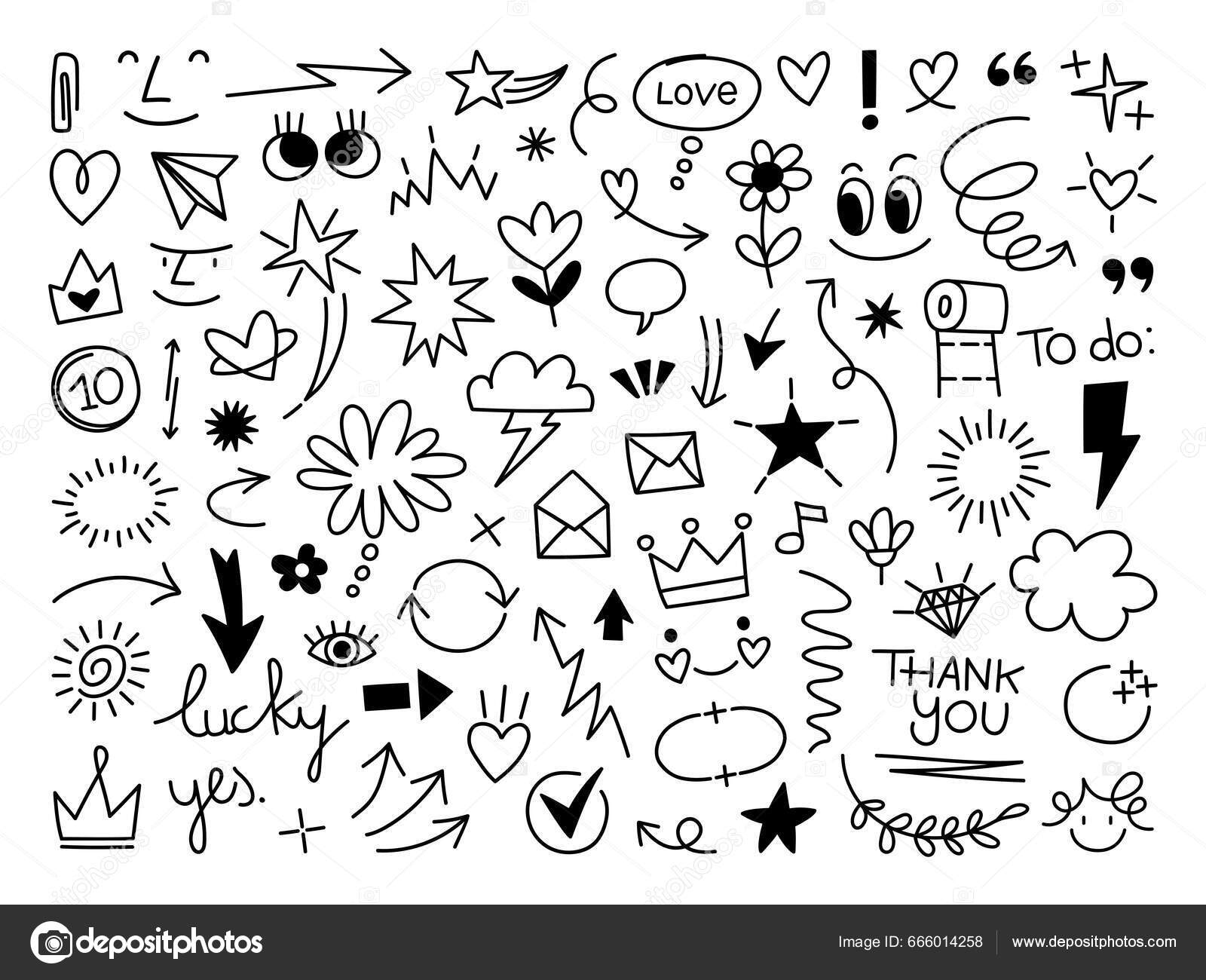 涂鸦可爱闪亮的笔线元素点点滴滴的心闪光的装饰符号设置图标简单的素描线条风格强调图案元素矢量说明图库矢量图©Fourleaflovers  666014258