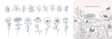 Çiçek dalı ve logo ya da dövme süsleri için Minimalist Taslak Çiçekler. Tam Vektör El çizimi, düğün otları, zarif yapraklar, güzel çiçekler. Yatay Kusursuz Desen İçerildi. 