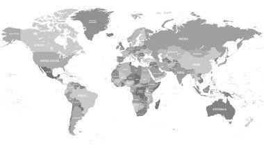 Etiketli son derece detaylı dünya haritası. Gri tonlu vektör illüstrasyonu