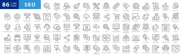 Ikony Seo Ustawione Kolekcja Symboli Optymalizacji Wyszukiwarki Wyszukiwanie Zawartość Analiza — Wektor stockowy