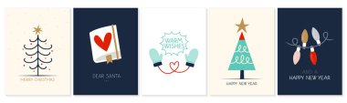 Noel ağacı, çelenk ve Noel elementleriyle Noel kartları hazırla. Vektör illüstrasyonları