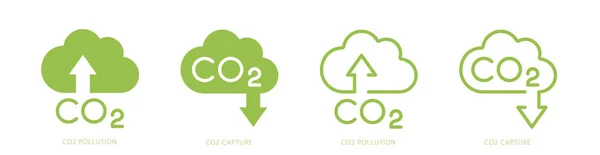 Co2 Gas Vermindering Pictogram Ingesteld Groene Kleur Zero Carbon Emission — Stockvector