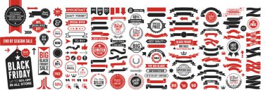 Soyut vektör siyah cuma etiketi seti, Ribbons, Rozetler, Etiketler, Logolar, Böcekler ve Semboller. Sanat şablonu tasarımı için, liste, sayfa, model broşür stili, afiş, Reda, siyah ve beyaz renkler.