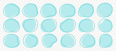 Organik amip damlası şekli soyut yeşil renk ve çizgi vektör çizimi şeffaf arkaplanda izole edilmiş. Düzensiz yuvarlak leke kümesi grafik ögesi. Çizgi çemberi ile Doodle düşer