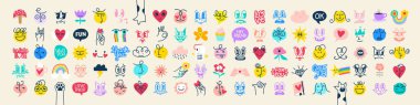 Harika Komik Aşk çıkartması seti. Karikatür Karakterleri ve Harfler farklı stillerde. Sevgililer Günü konseptiniz kutlu olsun. 70 'lerin modası geçmiş 60' ların modası emoji snd şablonları. Tam Vektör Resimleri