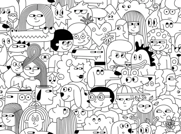 Crowd Pattern People Faces Seamless Texture Line Diverse Man Woman Vector Graphics