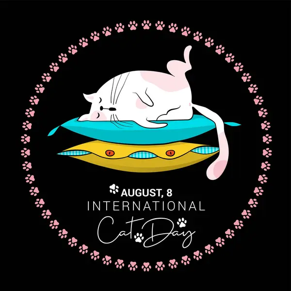 8月8日の国際猫デーのラウンドラベル 色の枕の山で寝ているおかしい漫画の猫 幸せな動物はグリーティングカード ポスター フライヤーに印刷します ロイヤリティフリーストックベクター
