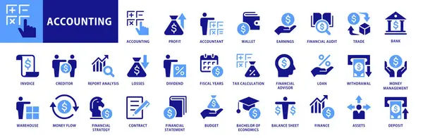 Számviteli Ikon Készlet Fogalmak Mint Pénzgazdálkodás Eszközök Kereskedelem Bank Jövedelem Vektor Grafikák