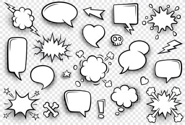 Yarım tonlu gölgeli boş komik konuşma baloncukları koleksiyonu. El çizimi eski çizgi film çıkartmaları. Pop sanat tarzı. Vektör illüstrasyonu