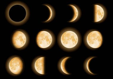 Hilal ve Süzülen Ay geceleri gökyüzü kırmızı-altın renginde.