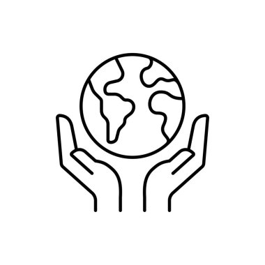 Yeşil Dünya gezegeni konsepti, siyah beyaz ikon. Dünya ekolojisi, doğa küresel koruma logo ekolojik çevre, yapraklı dünya. Beyaz arkaplanda tam vektör ince çizgi basit web simgesi