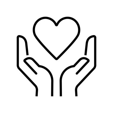 Siyah izole edilmiş kalp ikonu beyaz arka planda ellerinde. Kalp ve ellerin çizgi ikonu. Bakımın, sevginin, merhametin sembolü.