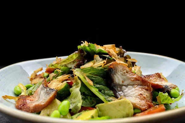 Salat Mit Gebratenem Aal Und Gemüse Auf Einem Teller — Stockfoto