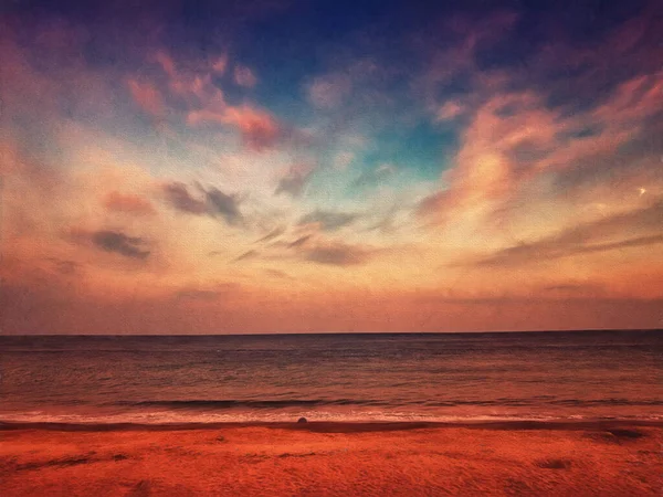 Colorful Sunset Sea Red Clouds Sandy Shore Illustration — Stock Photo, Image