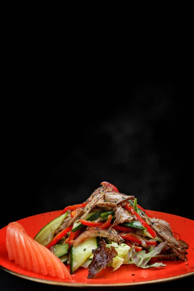 Ensalada Caliente Con Ternera Verduras Salsa Plato Rojo Pancarta — Foto de Stock