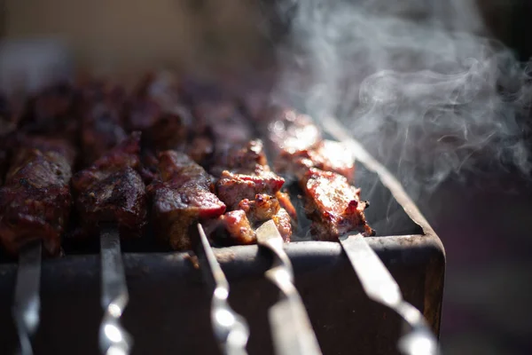 Kebab Frito Uma Grelha Caseira Com Fumaça Com Uma Profundidade — Fotografia de Stock