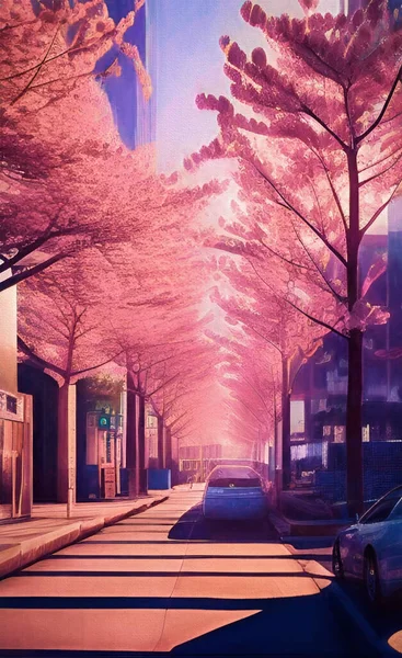 Empty city street in perspective, with blooming sakura trees. Illustration