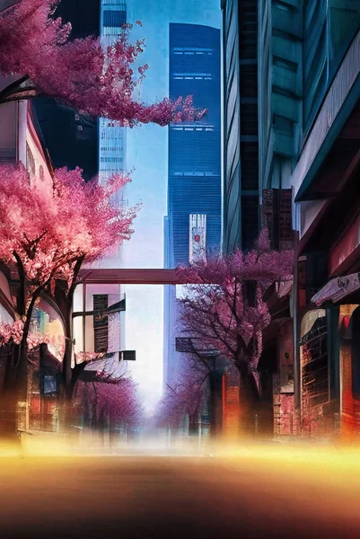 Empty city street in perspective, with blooming sakura trees. Illustration