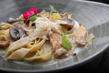 Pasta with chicken, mushrooms, sauce and cheese, on a plate