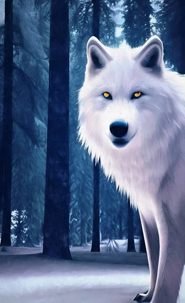 Close-up of a white wolf with burning eyes in a winter forest. Illustration