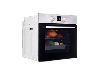 Electric oven with closed door. and an electronic panel with vegetables for baking inside. The view is 45 degrees. Isolated on white