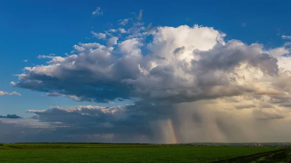 Tavaszi Zöld Mező Kék Felhőkkel Szivárvány Eső Után — Stock Fotó