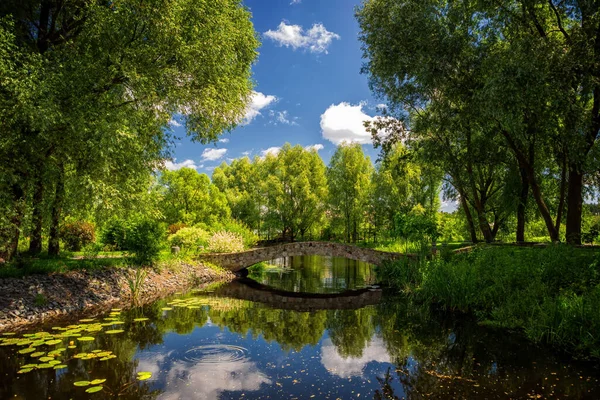 Yazın nehir, taş köprü, yeşil ağaçlar ve mavi gökyüzü olan doğa parkı.
