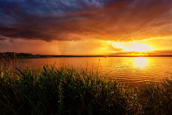 Glorioso Lago Por Sol Com Listras Chuva Distância Juncos Apressados — Fotografia de Stock