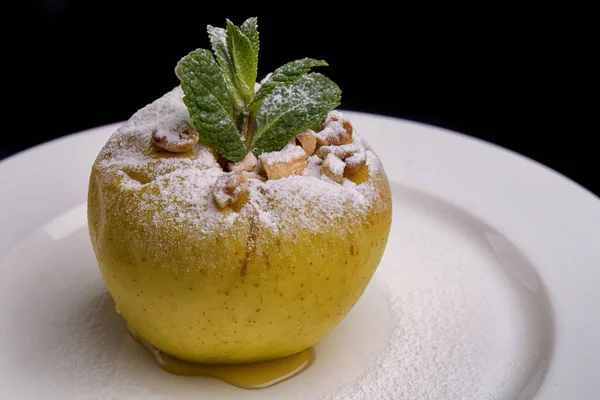 Baked Apple Walnuts Mint Dusting Sugar White Dish — Stock Photo, Image