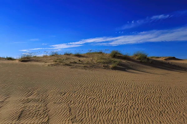 Colinas Deserto Arenoso Com Vegetação Ocasional Céus Azuis Nuvens Brancas — Fotografia de Stock