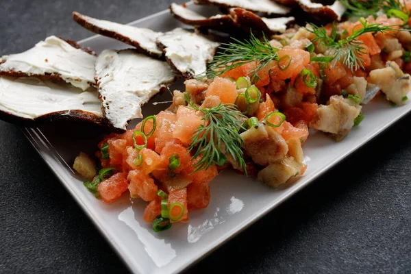 Flavorful Salmon Mixed Fish Tartare Paired Toasts Butter — Stock Photo, Image