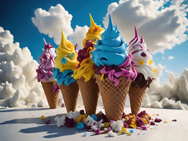 Heerlijke Ijskegel Met Suikerspin Achtergrond Witte Wolken Blauwe Lucht Illustratie — Stockfoto