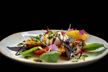 Mouthwatering burrata cheese accompanied by vibrant vegetables and fragrant herbs clipart