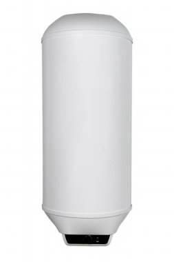 Oval beyaz kazan ve mekanik kontrol. 80 litre, ön manzara, beyazda izole edilmiş.