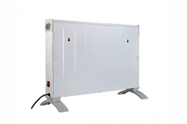 Beyaz elektrikli konvektör, 45 derecelik görüş, beyaz üzerinde izole.