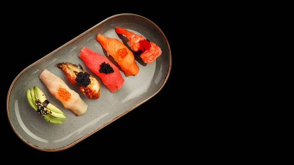 Assorted Nigiri Sushi Plate Dark Concrete Top View — Stock Photo, Image