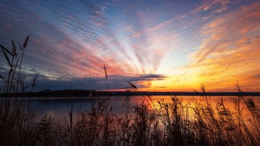 Tüyler şeklinde renkli renkli sirrus bulutlarıyla renkli bir gün batımı. göl
