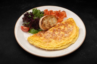 Somonlu omlet, içinde somon dilimleri, taze karışık sebzeler ve kızarmış ekmek tost makineleri ve kızarmış ekmek bulunan yumuşak bir omlet içeren iştah açıcı kahvaltı tabağı.