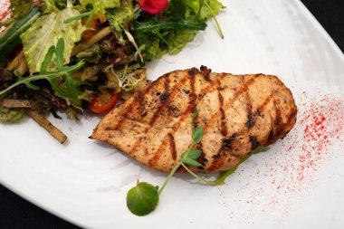 Grilled chicken fillet with fresh vegetable salad, healthy gourmet meal for food photography