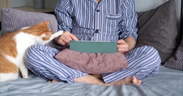 Homem Caucasiano Jovem Sem Rosto Usando Computador Tablet Sentado Cama — Vídeo de Stock