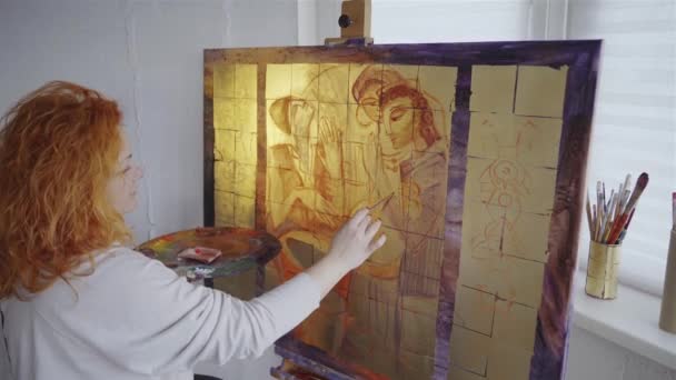 Drawing Process Concept Female Artist Art Girl Brush Palette Painting — Stock Video
