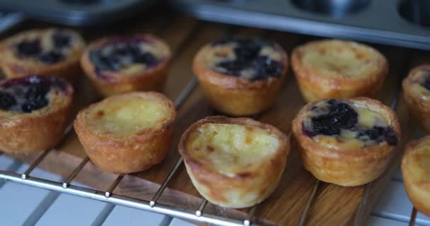 Pasteis Nata Nın Evde Mutfaktaki Tepside Soğutulduğu Geleneksel Portekiz Tatlısını — Stok video
