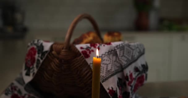Easter Burning Candle Background Basket Embroidered Towel Ukrainian Style High — Vídeo de Stock