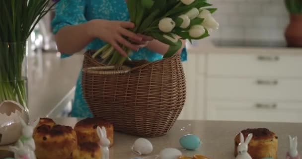 Woman Smiling Preparing Easter Basket White Tulips Kitchen Home High — Stok video