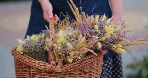 Gospodarstwo Kobieta Fartuchu Koszem Suszonych Kwiatów Zewnątrz Życie Wsi Kwiaciarka — Wideo stockowe