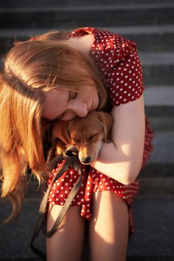 Dachshund köpeği. Güzel, şık, sarışın, beyaz, puantiyeli, kırmızı elbiseli, elinde köpek yavrusuyla merdivenlerde oturan bir kız. Küçük köpek uyuyor ya da yorgun. Yüksek kaliteli dikey resim