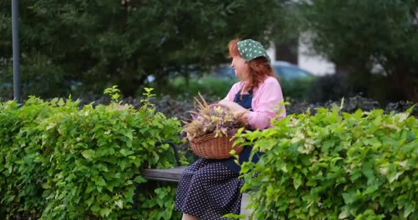 Mujer Granja Sentada Esperando Delantal Con Cesta Flores Secas Aire — Vídeos de Stock
