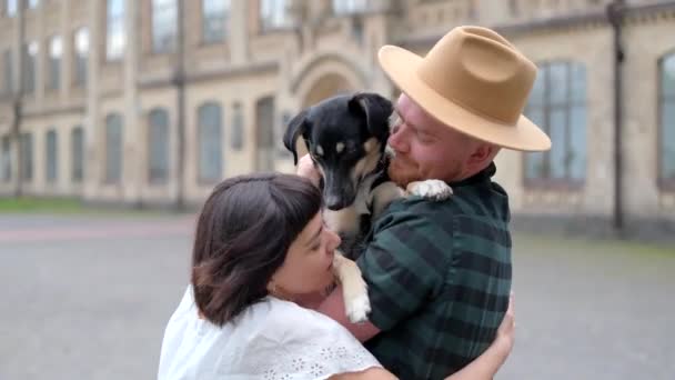 夏には旧市街を背景にしたシェルター犬を抱えた幸せなカップル 黒髪の女性と帽子の男性 救助犬とかわいい若い現代のカップル 高品質ビデオ映像4K — ストック動画