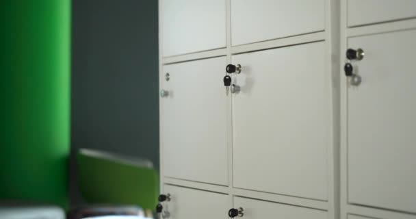 Close Post Office Boxes Keys Door Lock Row Private Metal — Stock Video