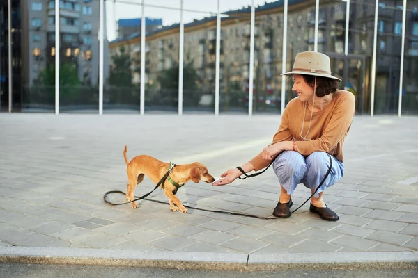 Şehirde Oturan Sarılan Gülümseyen Bir Köpeği Olan Genç Bir Kadın — Stok fotoğraf